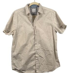 Denim & Flower Men M Short Sleeve Button Up Shirt Cream Speckled Slim Fit Cotton